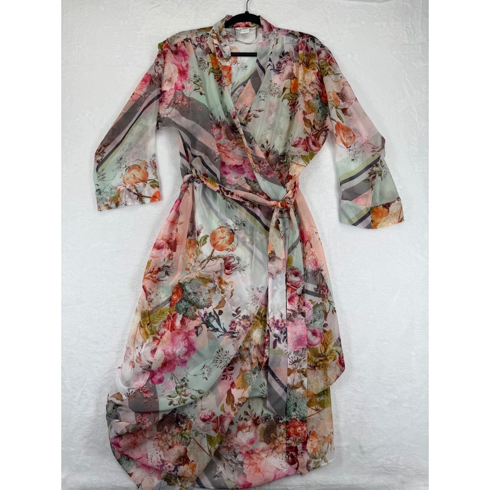 Flora Nikrooz Womens Small Floral Stripe Sheer Chiffon Wrap Robe Loungewear Pink